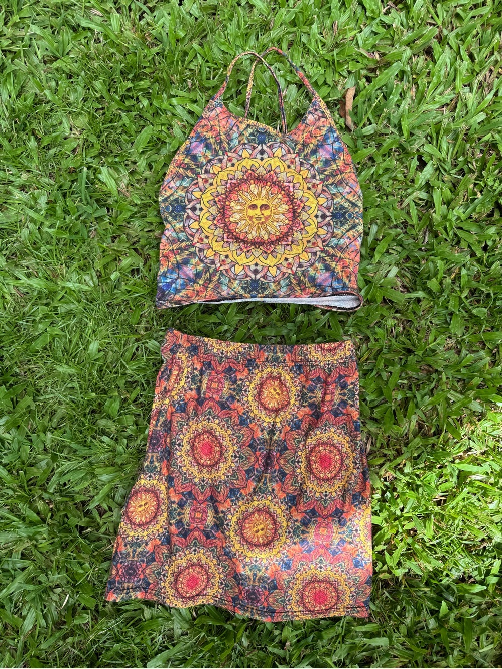 Bohemian Sun Mandala Print Mini Skirt and top set- Multicolor